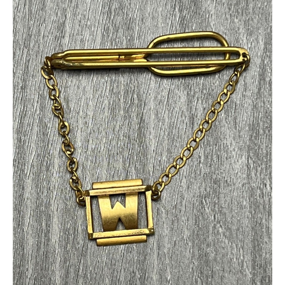Vintage Swank Gold Tone Tie Clip Bar Chain Initial Letter W Men's Accessory